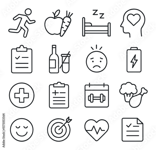 Health and Wellness Surveys line art icons. Physical activity log, nutrition habits, sleep quality, mental health rating, wellness check-in, substance use, stress scale, energy