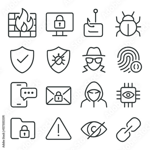 Internet Security line art icons. Firewall, padlock on screen, phishing hook, malware bug, shield with check, antivirus icon, incognito browser, biometric fingerprint, 2FA icon,