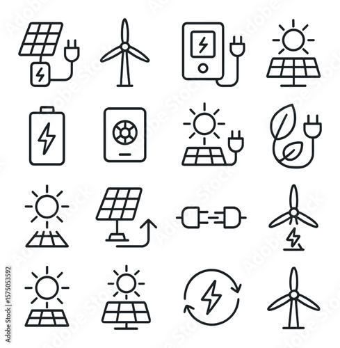 Renewable Energy Charging line art icons. Solar charger, wind turbine, charging inverter, solar panel icon, green battery, renewable energy storage, sun and plug icon, eco charging