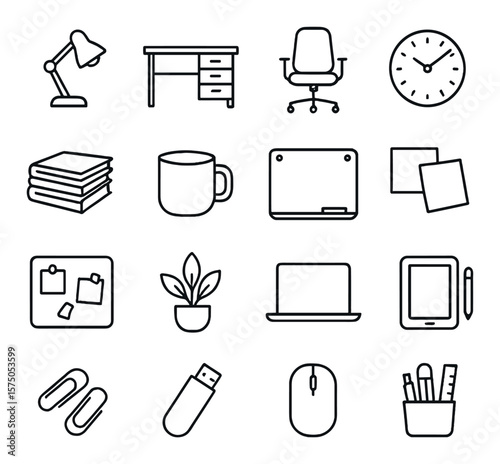 Creative workspace line art icons. desk lamp, office desk, ergonomic chair, wall clock, stack of notebooks, coffee mug, whiteboard, sticky notes, pinboard, desk plant, laptop,