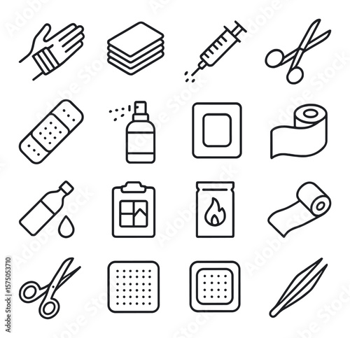 Burn & Wound Care line art icons. Burn dressing, sterile gauze, irrigation syringe, wound scissors, adhesive bandage, antiseptic spray, trauma pad, wound wrap, saline flush bottle,