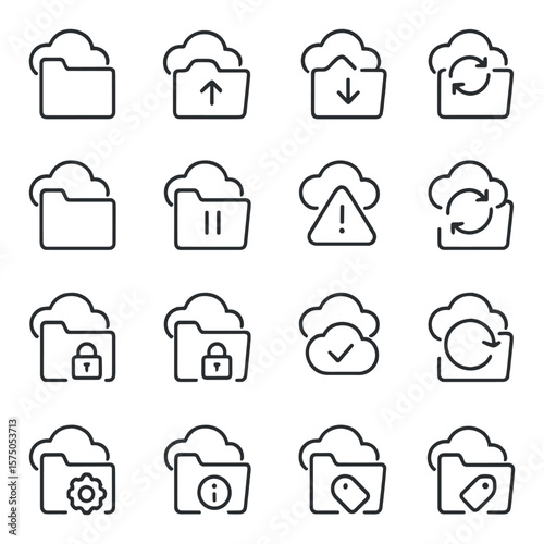 Cloud Sync Folders line art icons. cloud folder, cloud upload, cloud download, cloud sync, paused sync, sync complete, sync error, real-time sync, selective sync, cloud lock, cloud