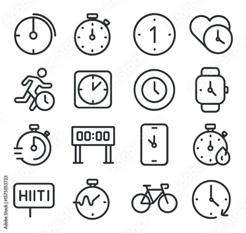 Sports & Fitness Time line art icons. Workout timer, race stopwatch, lap counter, heart rate with time, running time tracker, gym clock, interval timer, sports watch, warmup timer,