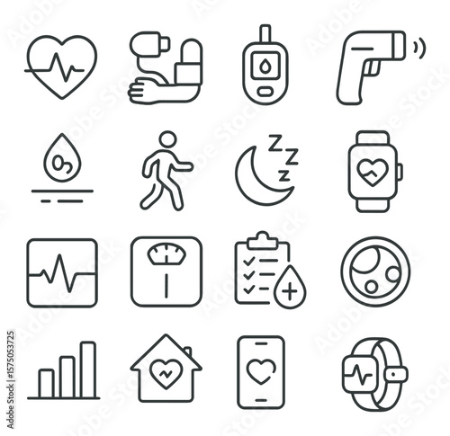 Health Monitoring line art icons. Heart rate sensor, blood pressure icon, glucose monitor, temperature gun, oxygen saturation, pedometer, sleep tracker, smart health band, ECG icon