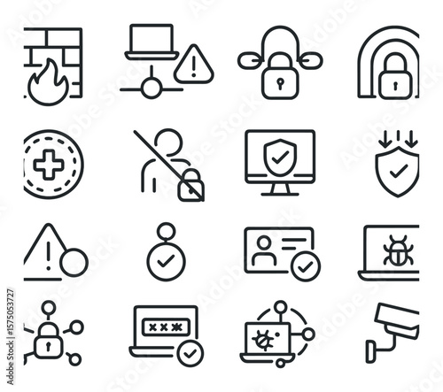 Network Security line art icons. Firewall wall, intrusion detection icon, network lockdown, encrypted tunnel, security patch, zero trust icon, endpoint protection, malware scan,