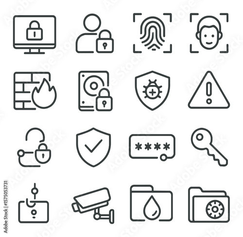 Computer Security line art icons. Lock screen, secure login, fingerprint reader, face recognition, firewall icon, encrypted drive, antivirus alert, malware warning, secure