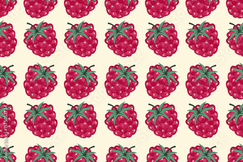 Raspberry Seamless pattern. Berries background. Fruit pattern. Whole Ripe red raspberry with green leaf. Repeatable texture with fresh juicy vitamin. Vector illustration for wallpaper, textile, print