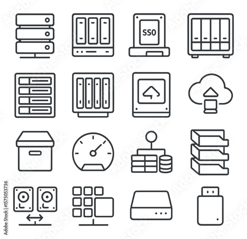 Server Storage line art icons. RAID system, HDD server bay, SSD tray, NAS unit, storage array, drive slots, backup tape, cloud backup, archive storage, storage capacity meter,