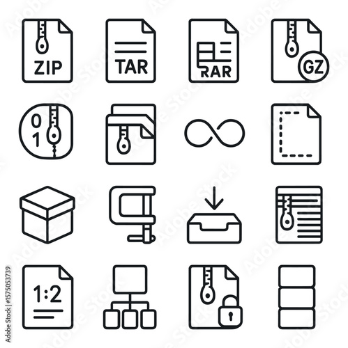 Data Compression and Formats line art icons. ZIP data file, TAR file, RAR file, GZipped file, compressed binary, chunked ZIP, lossless icon, lossy file, archive file icon,