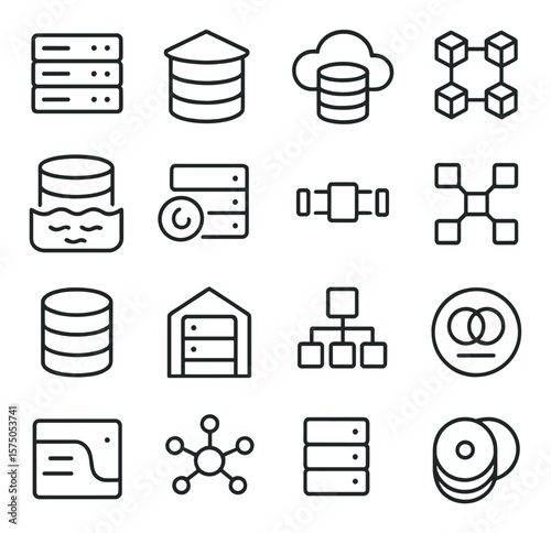 Data Infrastructure line art icons. Server rack, data warehouse, cloud database, big data cluster, data lake, backup server, data pipeline, distributed system, storage icon,