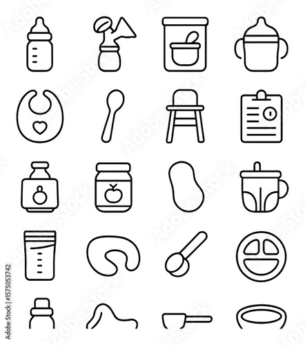 Feeding Essentials line art icons. Baby bottle, breast pump, formula container, sippy cup, bib, baby spoon, high chair, feeding schedule, food warmer, baby food jar, burp cloth,