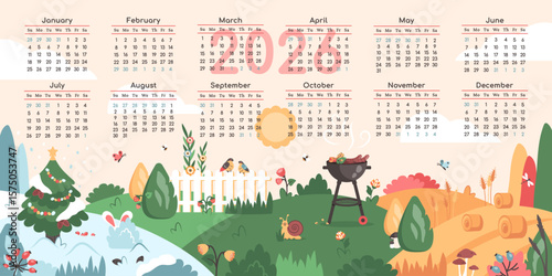 Printable Monthly 2026 calendar. Four seasons landscape. Winter, spring, summer, autumn. Horizontal Decorative daily planner with Nature template. Vector illustration for wall or desk