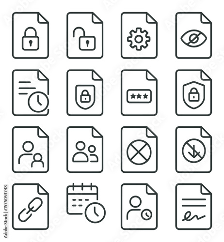 Security and Permissions line art icons. File lock, file unlock, permission settings, read-only mode, file access log, secure file icon, file password, encrypt icon, user access