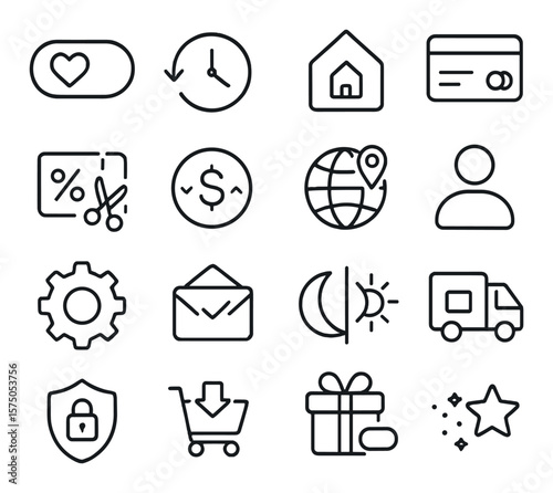 E-commerce Preferences line art icons. wishlist toggle, order history, shipping address, payment method, coupon manager, currency selector, region setting, profile info,