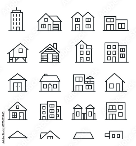 Residential Buildings line art icons. Apartment tower, suburban house, duplex home, modern villa, tiny house, cabin icon, townhouse, condo building, garden house, rural cottage,