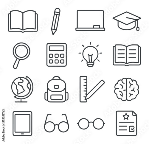 Learning Tools line art icons. Book, pencil, blackboard, graduation cap, magnifying glass, calculator, lightbulb idea, open notebook, globe, school bag, ruler, abacus, brain icon,