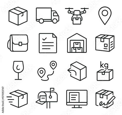 Delivery and logistics line art icons. parcel box, shipping truck, delivery drone, tracking icon, courier bag, order form, warehouse, shipping label, fragile symbol, delivery route