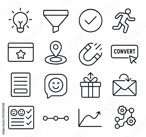 Customer Journey Mapping line art icons. Awareness icon, interest funnel, decision stage, action icon, loyalty card, touchpoint icon, lead magnet, conversion button, contact form,