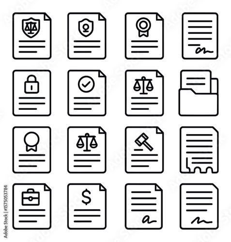 Legal Documents line art icons. Court summons, arrest warrant, affidavit icon, contract paper, NDA icon, terms and conditions, legal agreement, case file folder, appeal form,