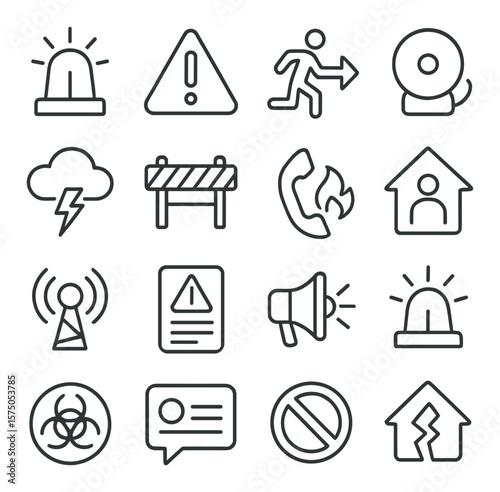 Emergency Alerts line art icons. Siren icon, warning triangle, evacuation notice, red alert bell, weather warning, roadblock sign, emergency phone, shelter location, alert beacon,