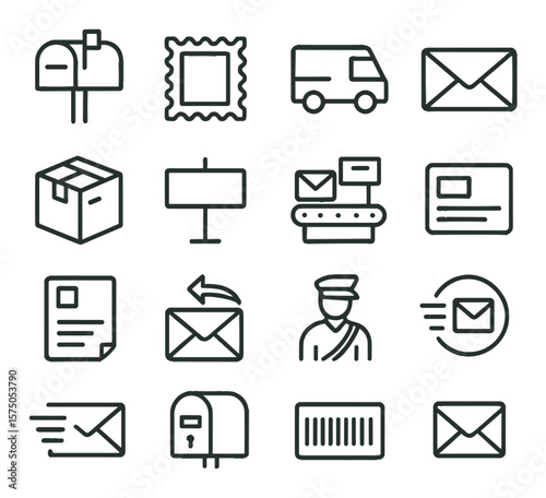 Postal Services line art icons. Mailbox icon, postage stamp, mail truck, letter envelope, parcel box, post office sign, sorting machine, address label, delivery slip, return