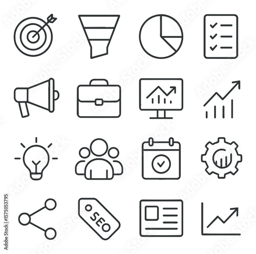 Marketing Strategy Essentials line art icons. Target icon, marketing funnel, pie chart, checklist, megaphone, briefcase, market analysis, growth arrow, lightbulb, audience group,