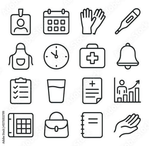 Caregiver Essentials line art icons. ID badge, caregiver schedule, hygiene gloves, thermometer, apron icon, time tracker, first aid kit, reminder bell, care checklist, water cup,