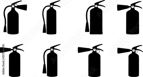 Silhouette icons of six different fire extinguishers, Set of six black silhouette icons showing various types and shapes of fire extinguishers for safety and emergency use