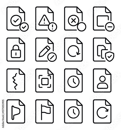 File Icons with Status line art icons. Synced file, warning file, error file, read-only file, locked file, edited file, versioned file, duplicated file, corrupted file, scanned