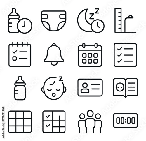 Routine & Scheduling line art icons. Feeding clock, diaper log, sleep timer, growth chart, daily planner, reminder bell, calendar icon, checklist board, bottle tracker, naptime