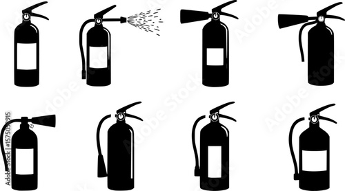 Silhouette icons of six different fire extinguishers, Set of six black silhouette icons showing various types and shapes of fire extinguishers for safety and emergency use