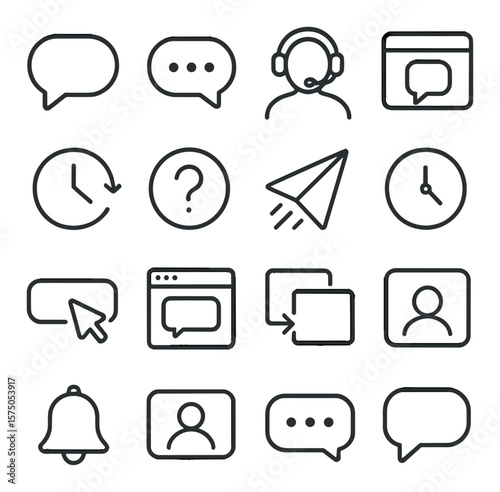 Live Help Features line art icons. Live chat bubble, typing dots, online agent, support pop-up, real-time icon, help circle, quick reply, chat timer, connect now icon, online