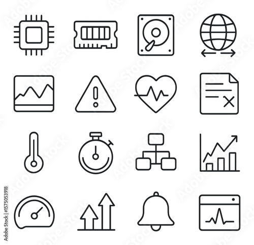 Server Monitoring line art icons. CPU usage, memory usage, storage usage, bandwidth usage, live stats, alert icon, system health, error log, temperature icon, response time,
