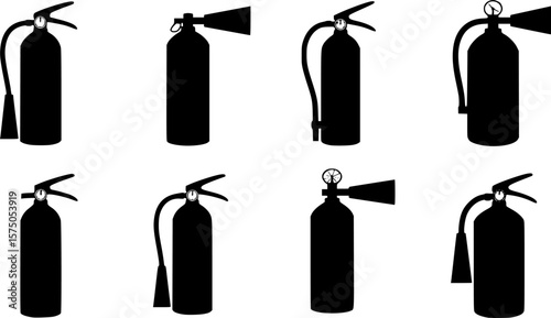 Silhouette icons of six different fire extinguishers, Set of six black silhouette icons showing various types and shapes of fire extinguishers for safety and emergency use