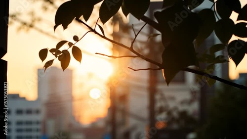 Golden sunset through tree branches silhouetted against buildings in the background with soft focus and lens flare