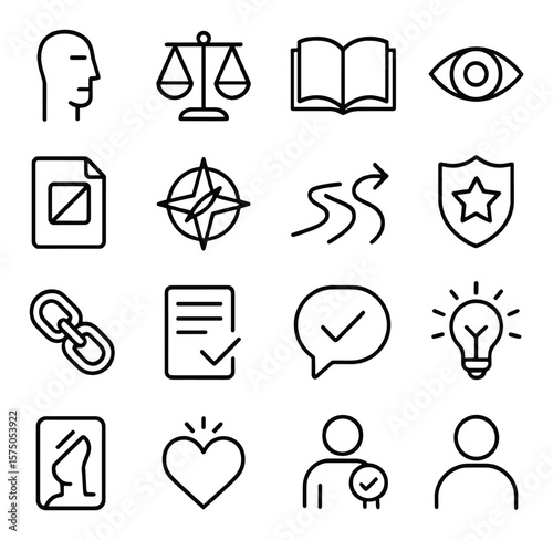 Symbols of Integrity line art icons. Truth icon, honest scale, open book, clear eye, transparency file, moral compass, ethical path, badge of honor, loyalty chain, code of conduct,