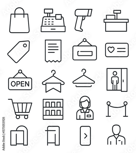 Retail store essentials line art icons. shopping bag, cash register, barcode scanner, checkout counter, price tag, receipt, store sign, loyalty card, open sign, sale banner,