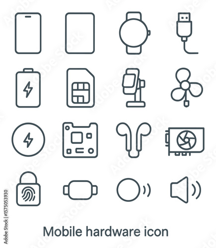 Mobile Hardware line art icons. Smartphone, tablet, smartwatch, charging cable, mobile battery, SIM card, phone holder, mobile fan, wireless charger, phone motherboard, earpods,