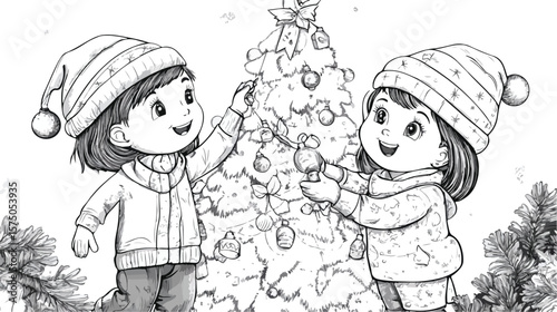 Festive Kids Decorating Christmas Tree on Christmas Day
