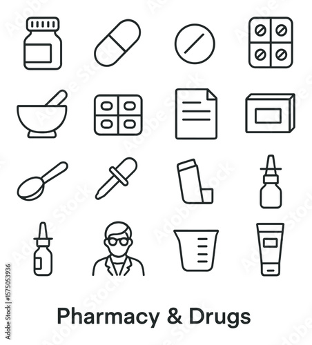 Pharmacy & Drugs line art icons. Medicine bottle, capsule, tablet, blister pack, mortar and pestle, pill organizer, prescription paper, drug box, dosage spoon, dropper, inhaler,