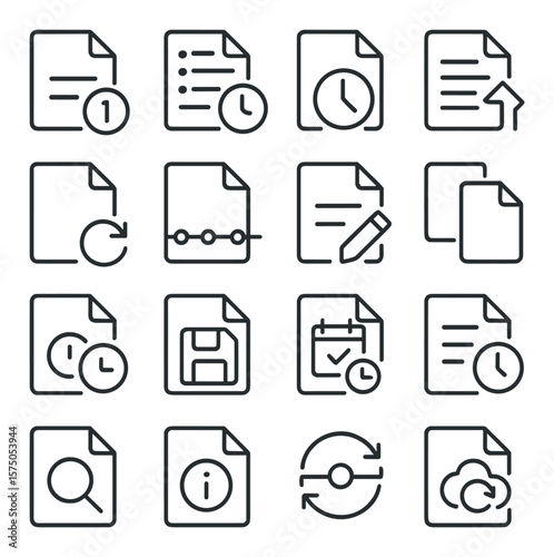 File History and Tracking line art icons. File version, version list, history clock, change log, revert file, timeline view, edit history, compare versions, restore point,