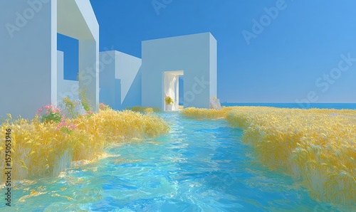 A large golden wheat field stretching along luminous blue water with vibrant flowers and soft clouds creating a surreal dreamlike environment