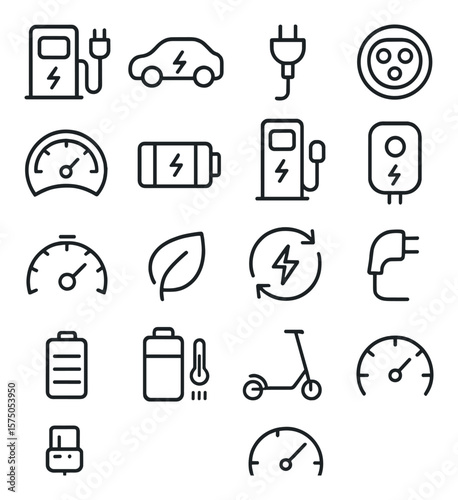 Electric Vehicles line art icons. EV charging station, electric car, charging plug, charging port, dashboard charge icon, EV battery, fast charger unit, wallbox charger, range