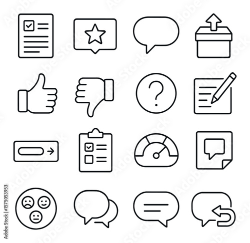 Feedback & Inquiries line art icons. Feedback form, star review, comment icon, suggestion box, thumbs up, thumbs down, open question, pen and notepad, input field, form submission,
