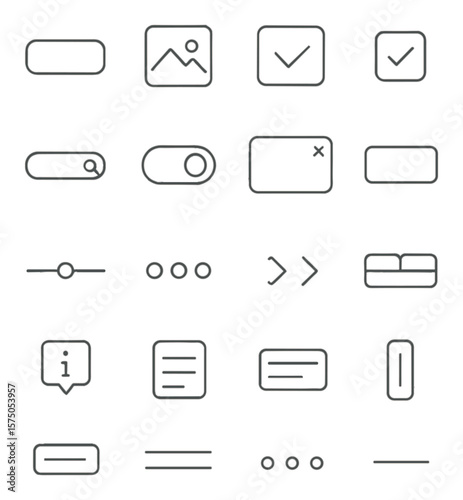 Web Design Elements line art icons. Button icons. icon placeholder, dropdown menu, checkbox, radio input, search field, toggle switch, modal popup, input field, slider control,