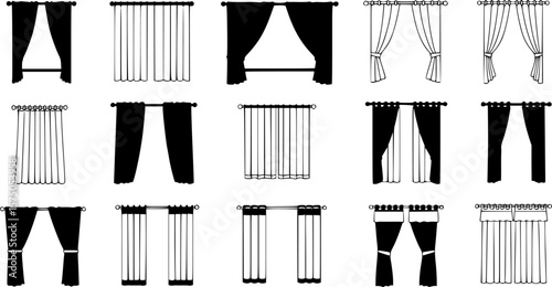 Diverse set of silhouette window curtain designs in different styles shown
