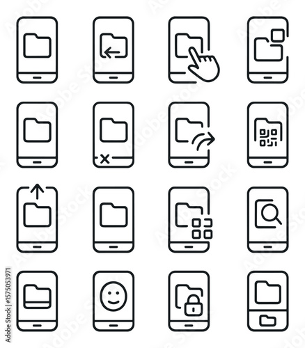 Mobile Folder Interface line art icons. mobile folder icon, swipe folder, touch open folder, drag-and-drop folder, folder with notification, offline folder, folder shortcut, folder