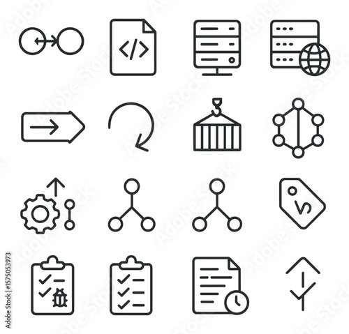 Software Deployment line art icons. CI/CD pipeline, deployment script, staging server, production server, code push icon, rollback arrow, container deploy, build pipeline, release