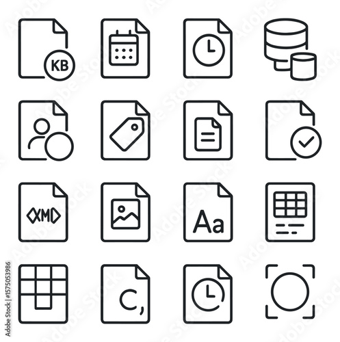 Data File Metadata line art icons. File size, creation date, modified time, data source, author name, file tag, version number, checksum, file format label, file description,