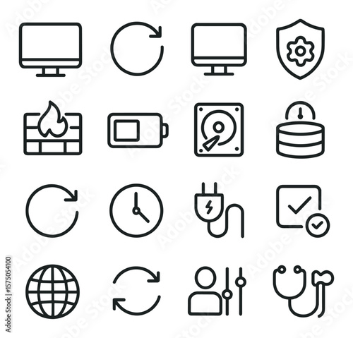 System Preferences line art icons. system monitor, update icon, network config, security gear, firewall settings, battery mode, disk space, storage usage, backup icon, system